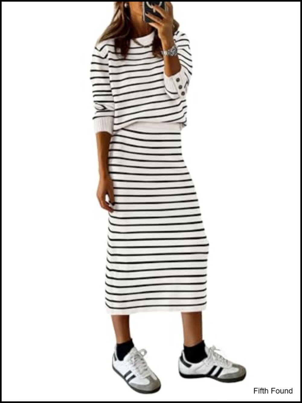 PRETTYGARDEN Women's 2 Piece Striped Sweater Skirt Set Fall Matching Sets